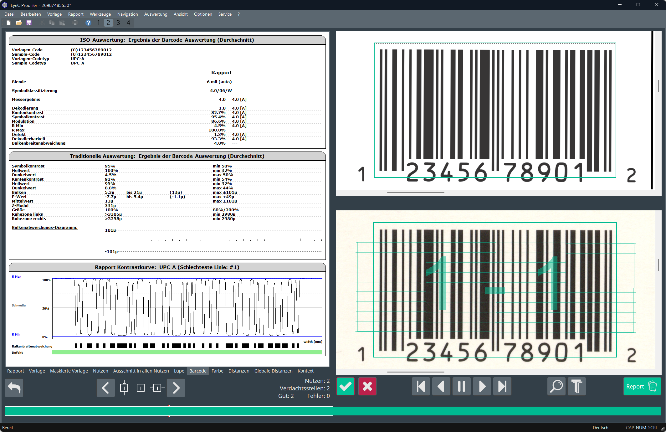 Barcode-Inspektionsergebnisse auf Barcode-Registerkarte