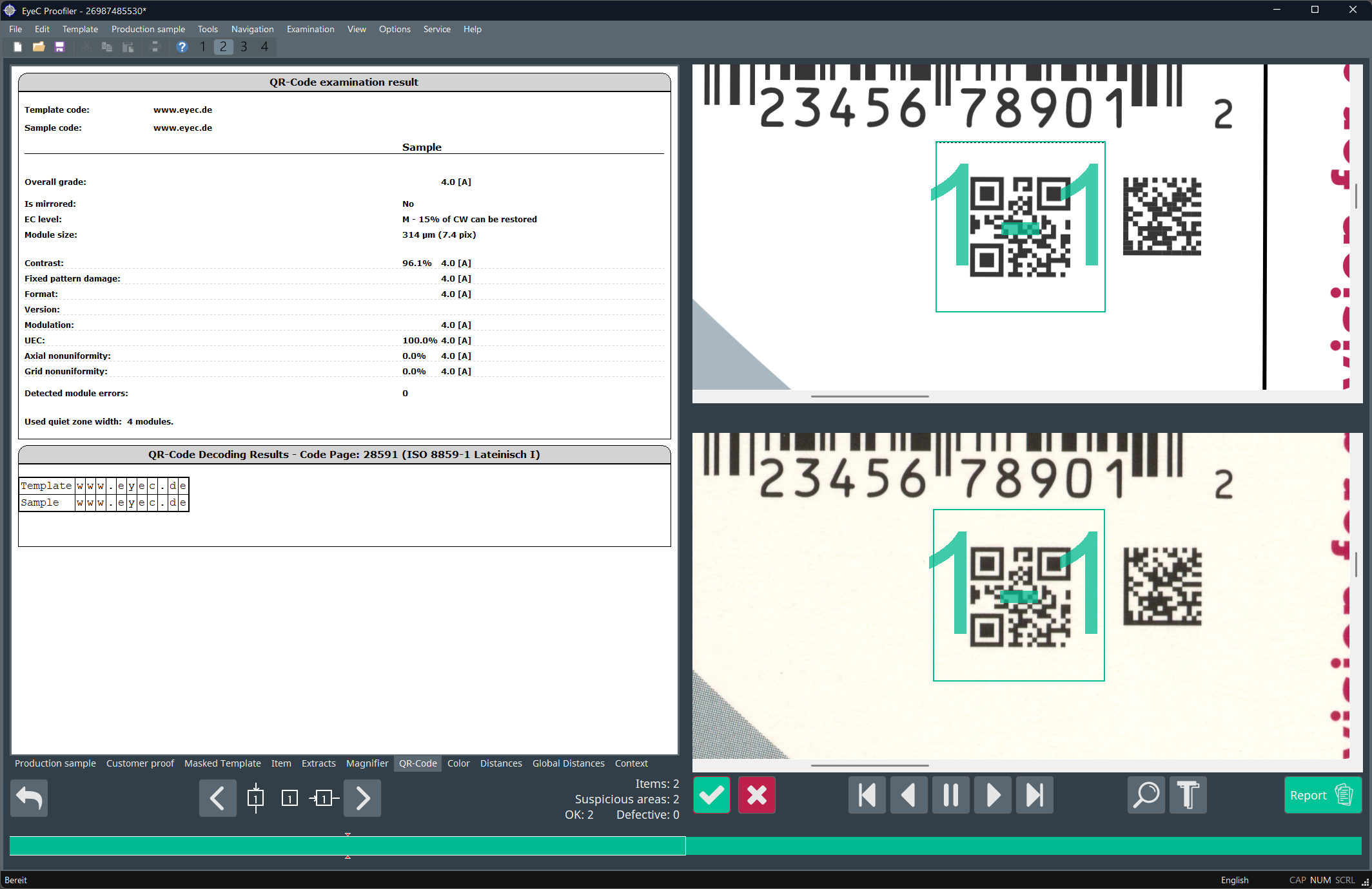 QRコード検査の結果 - 「QRコード」タブ