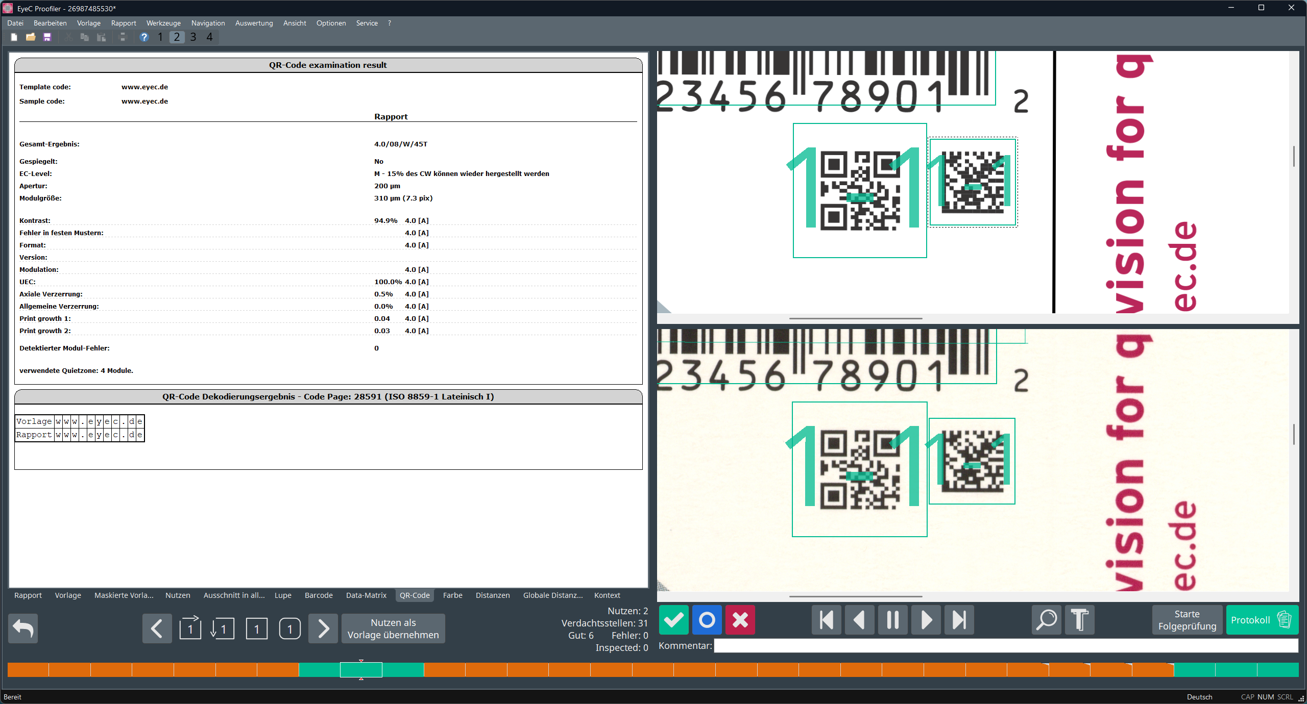 QR-Code-Inspektionsergebnisse auf QR-Code-Registerkarte