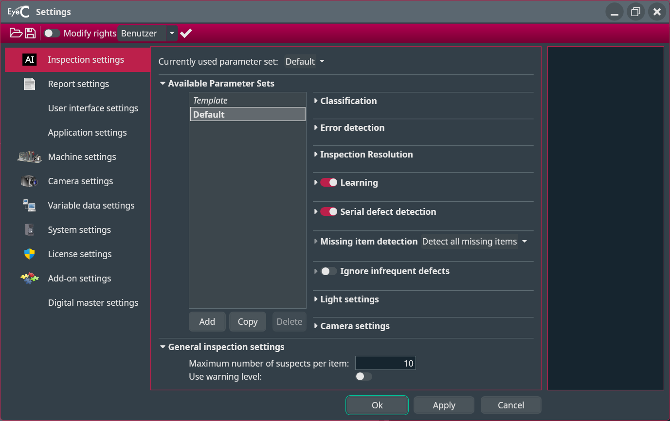 Inspection parameter settings