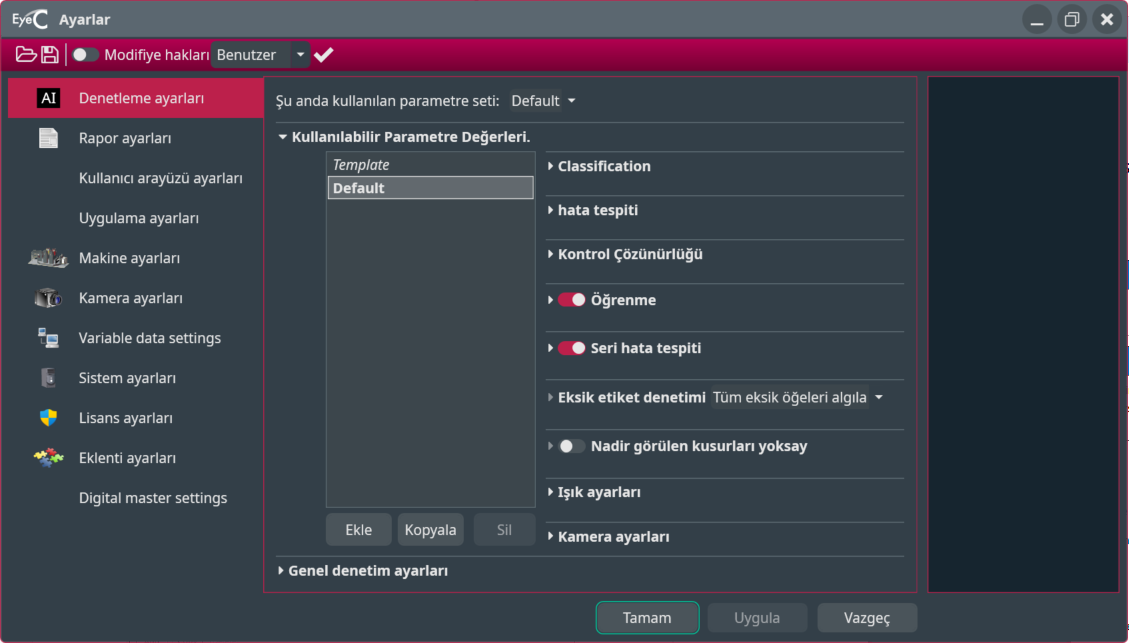 İnceleme parametre ayarları